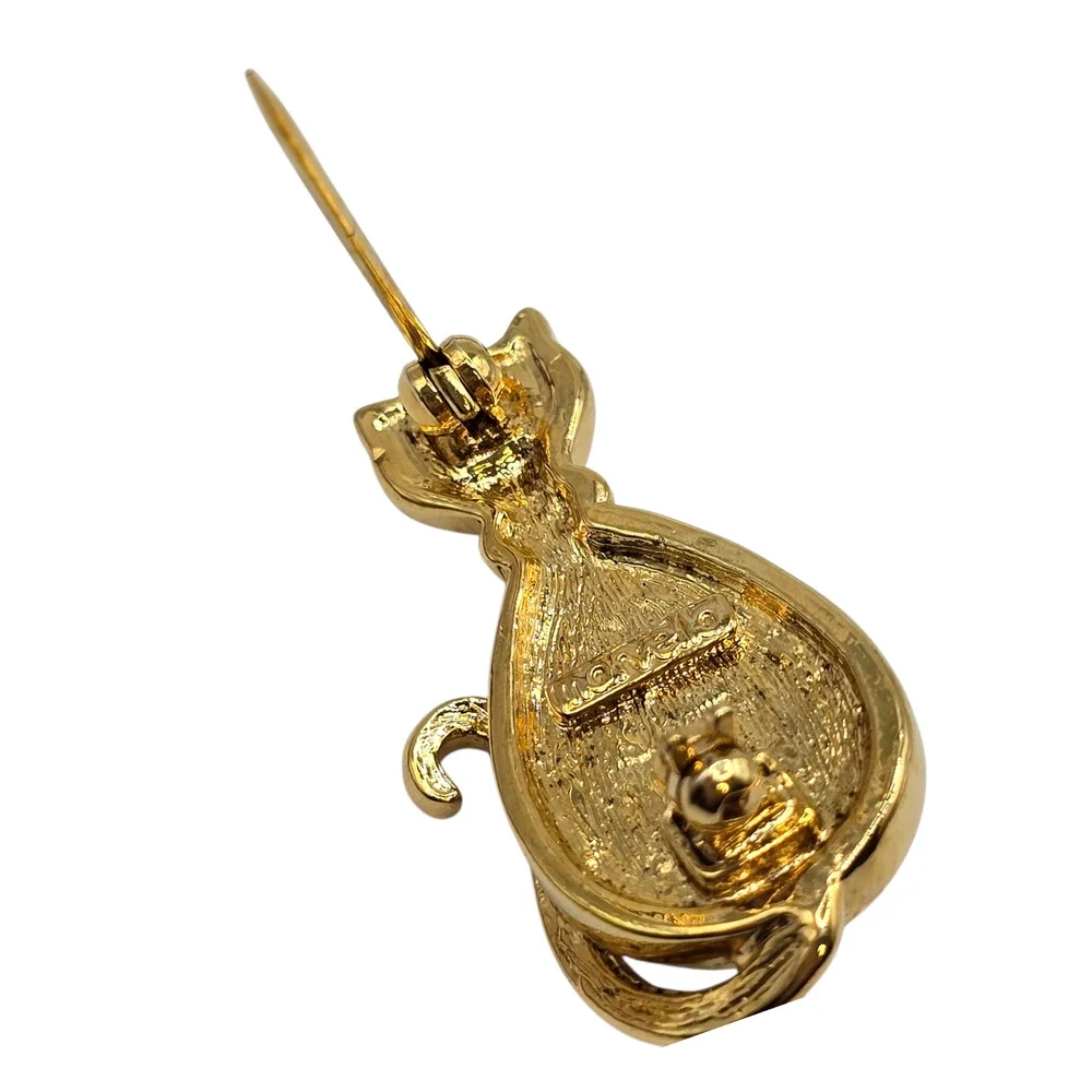 Marvela Cat Brooch Gold Tone Imitation Pearl Belly Rhinestone Collar Pin Jewelry